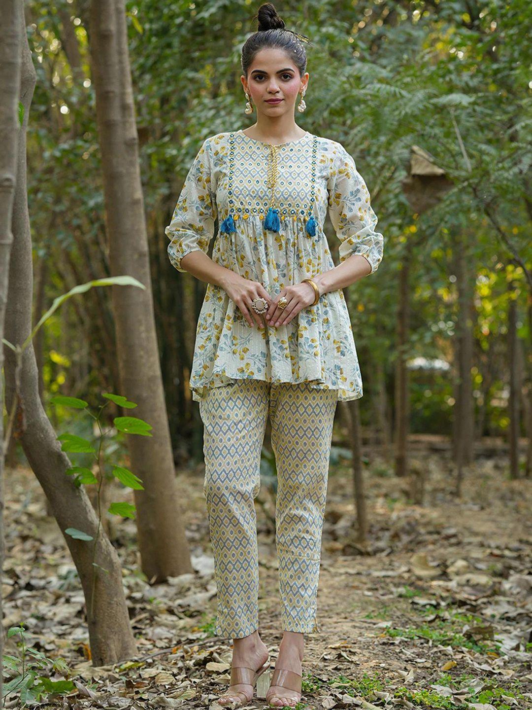 scakhi embroidered tie-up neck peplum top with trousers co-ords