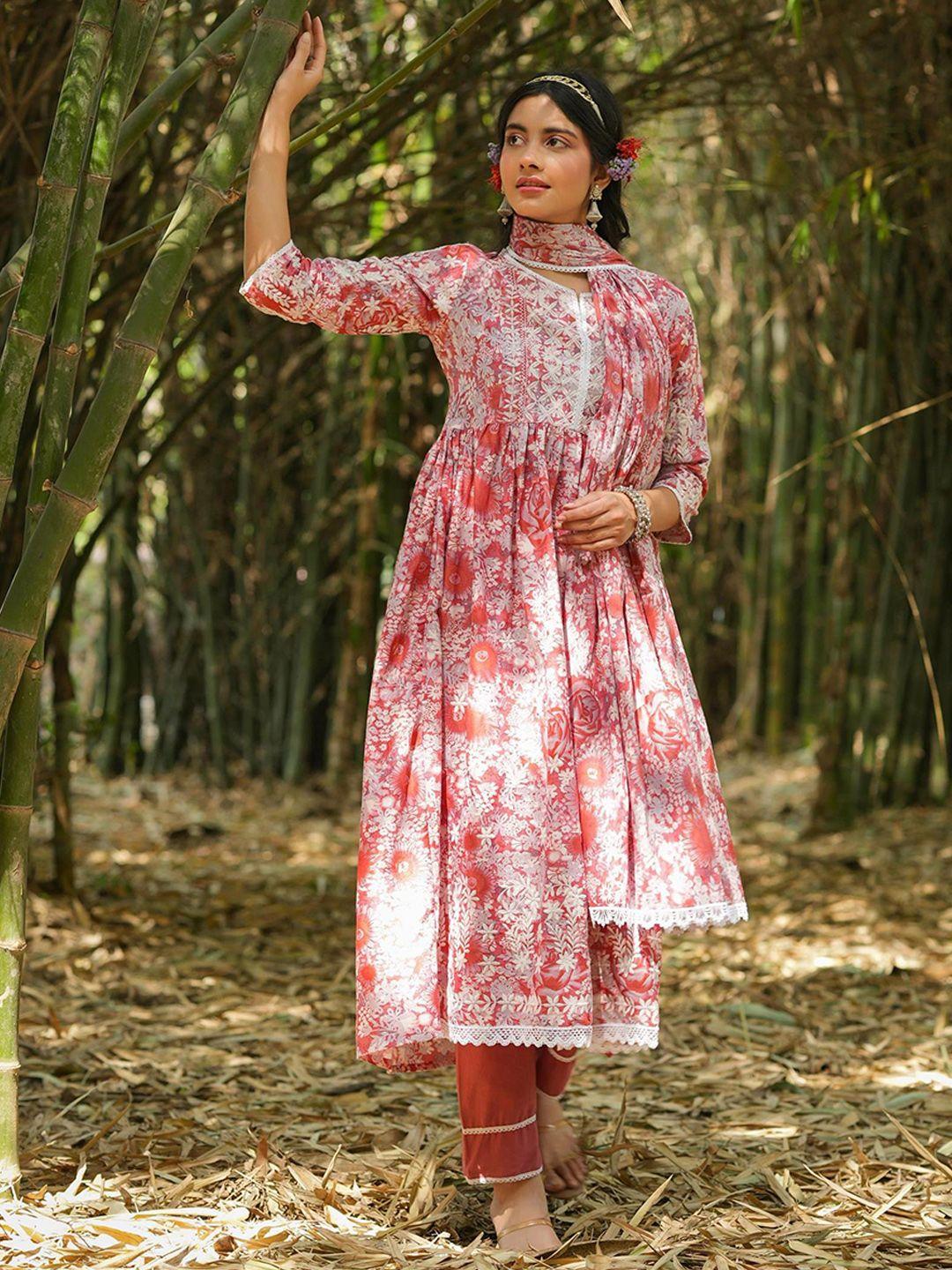 scakhi floral printed pleated chikankari pure cotton kurta with trousers & dupatta