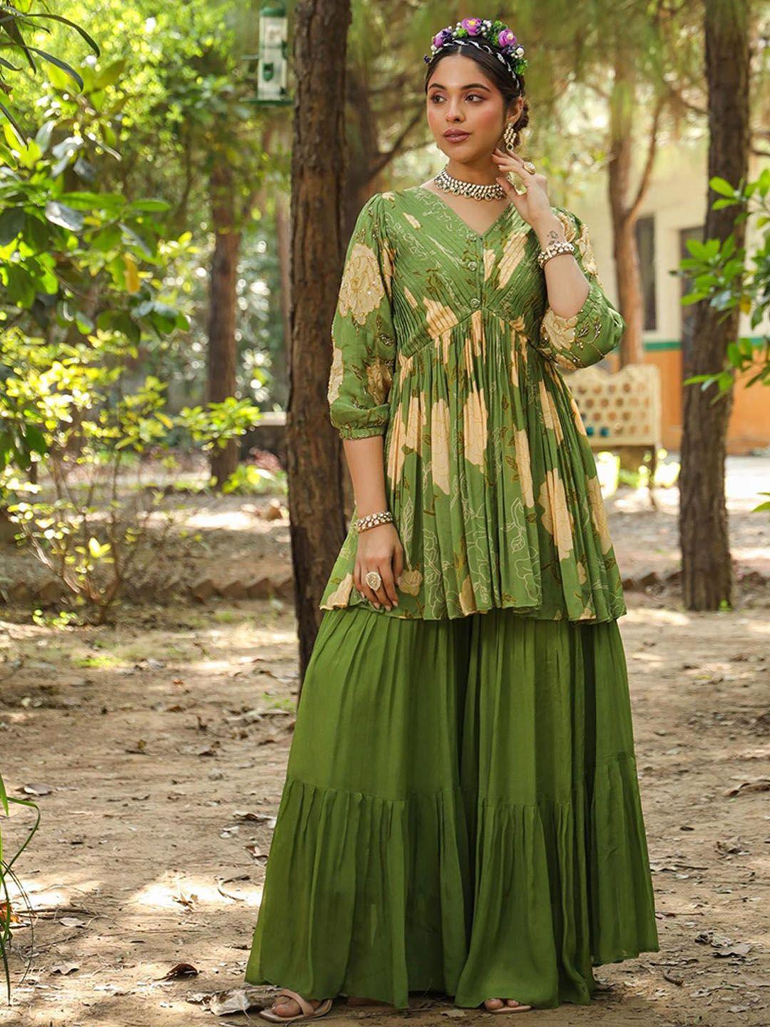 scakhi floral printed high slit a-line kurta with sharara & dupatta