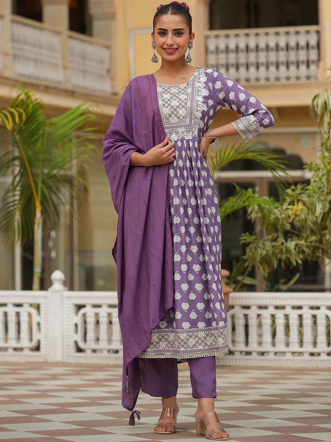 scakhi ethnic motifs printed pleated thread work kurta with trousers & dupatta