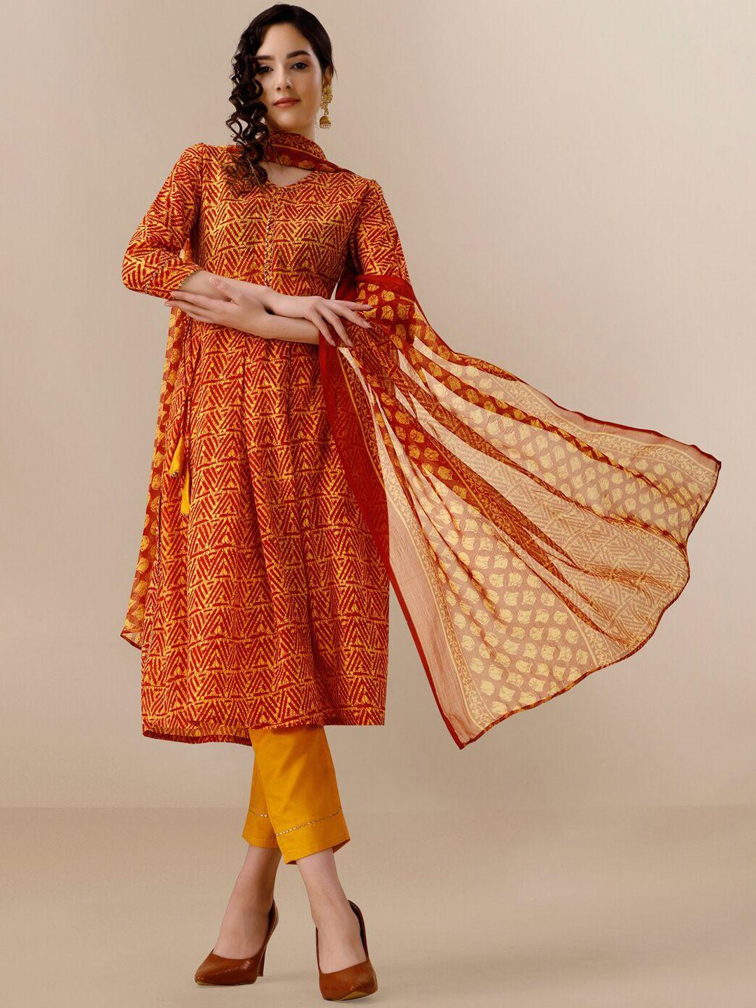 kalini printed v neck anarkali kurta with trousers & dupatta