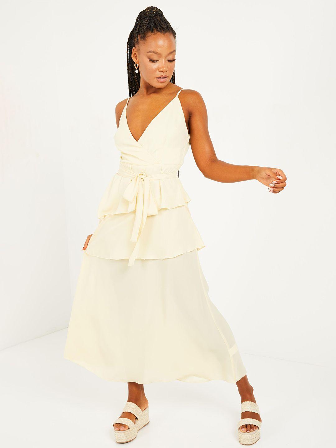 quiz shoulder straps layered a-line midi dress with belt