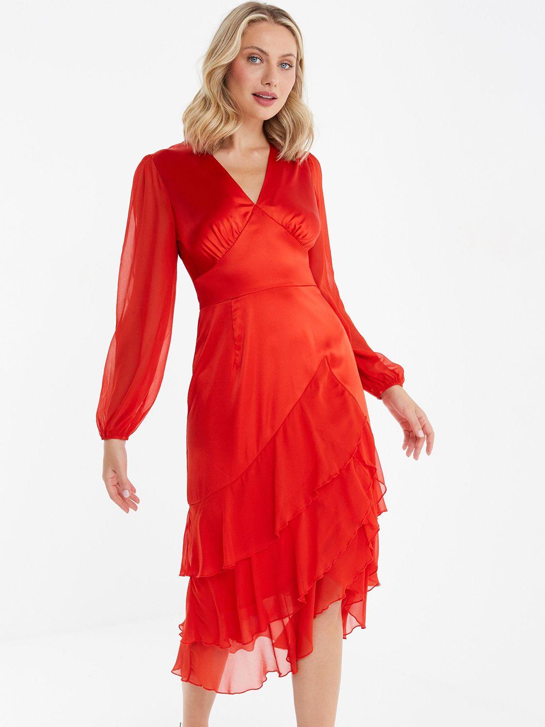 quiz v-neck puff sleeve layered midi wrap dress