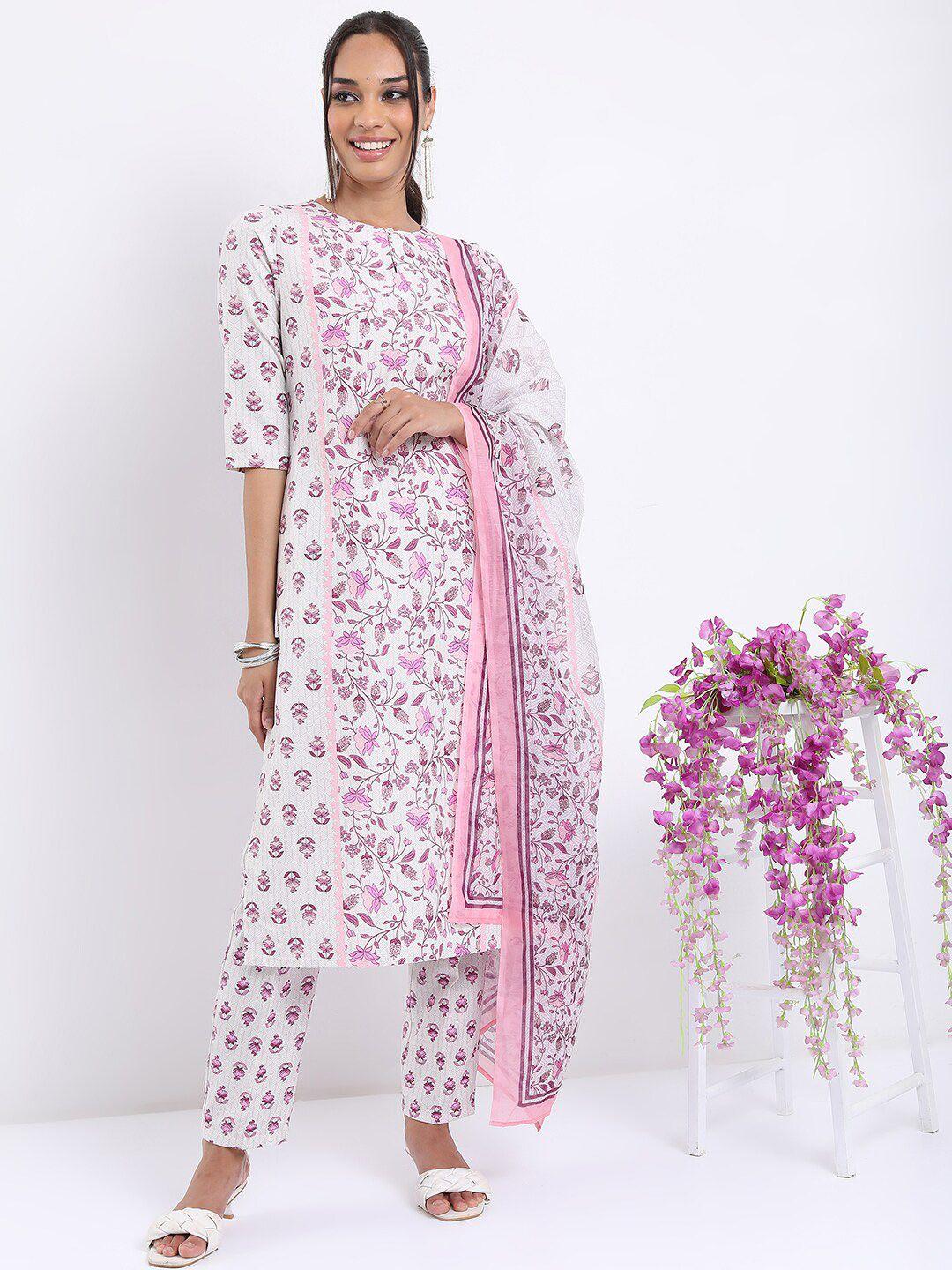 vishudh white floral printed regular kurta with trousers & with dupatta