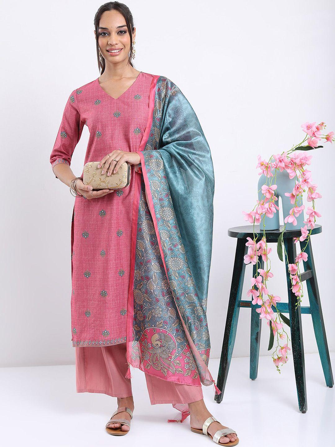 vishudh pink ethnic motifs printed regular kurta with palazzos & with dupatta