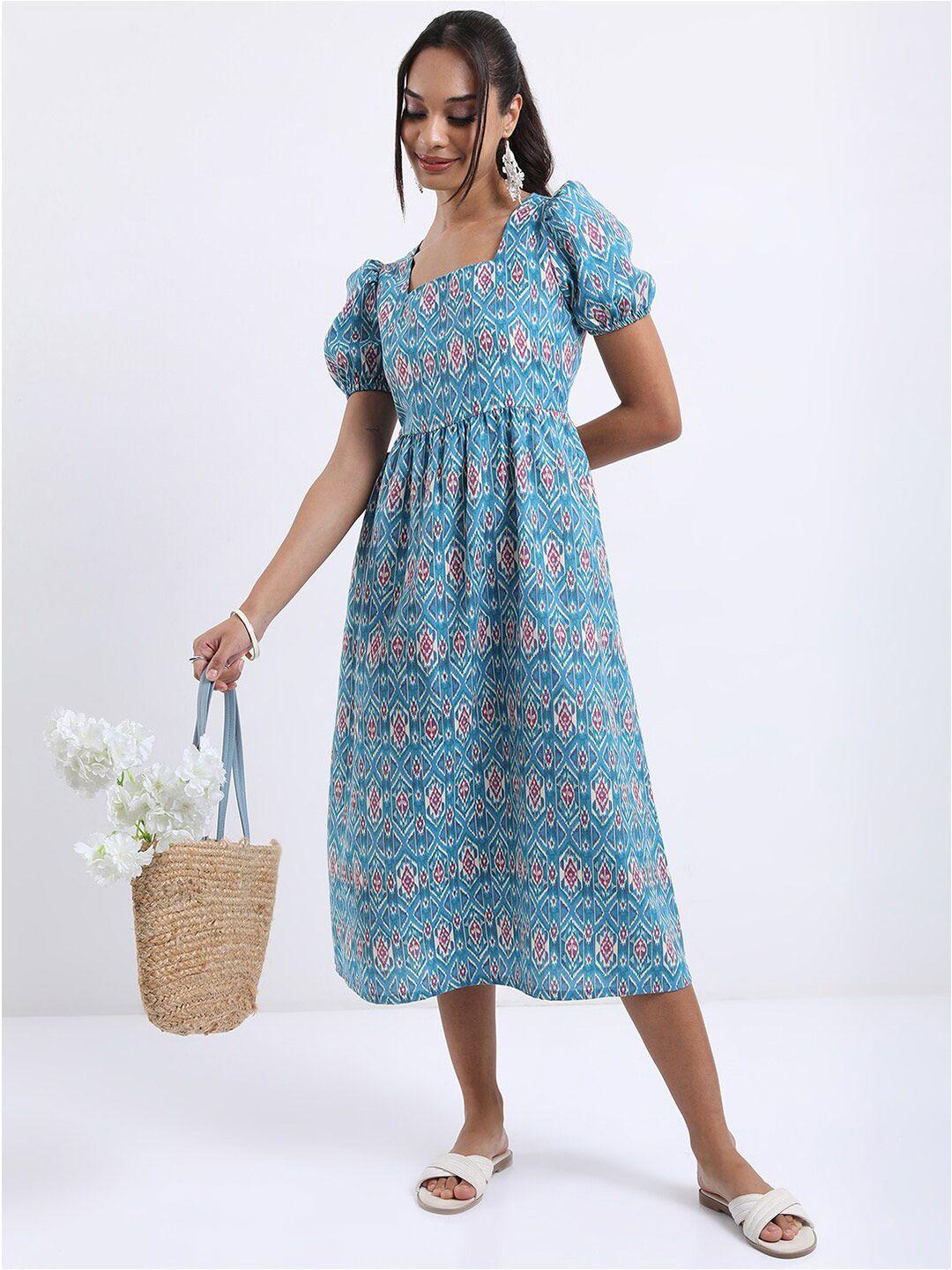 vishudh turquoise blue ethnic motifs printed square neck midi a-line dress