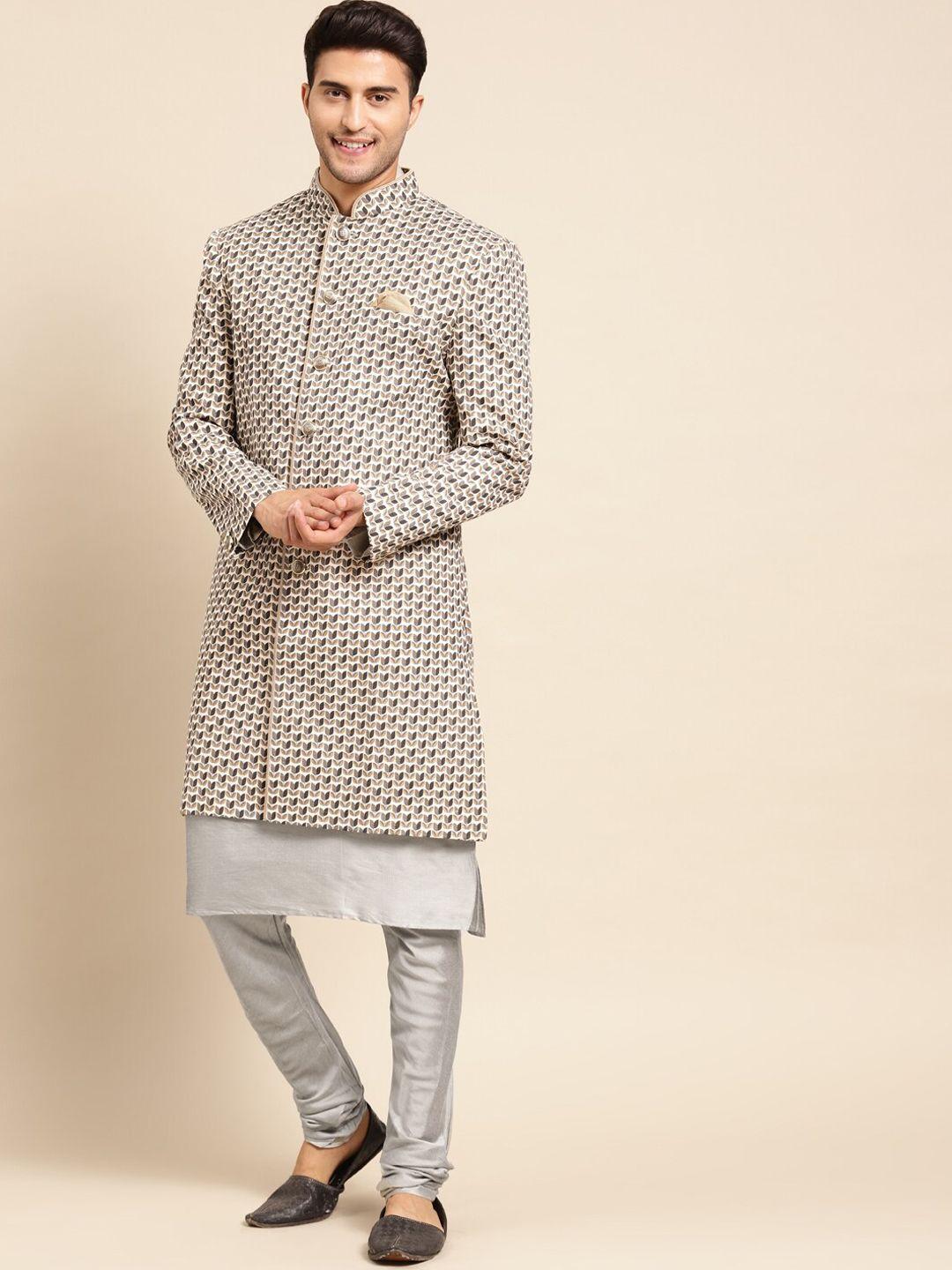 kisah men printed mandarin collar sherwani set