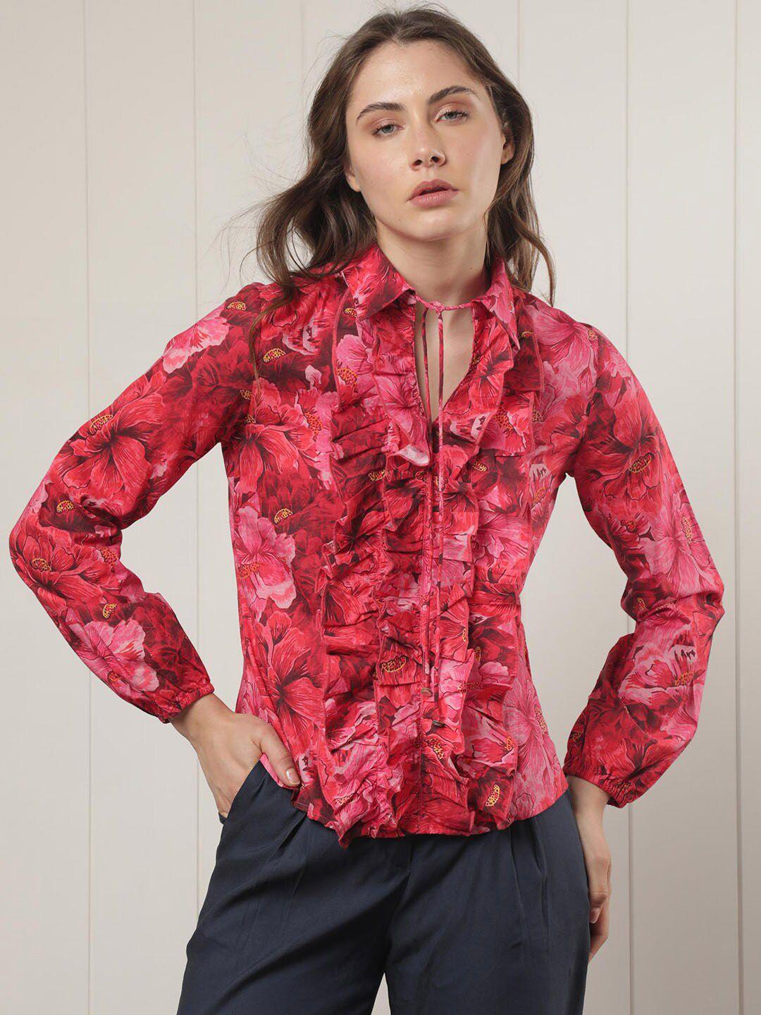 rareism floral printed ruffled cuff sleeves tie-up neck cotton top