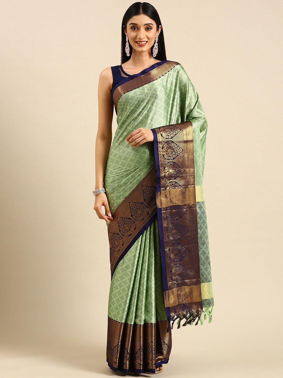 anouk khaki & blue geometric woven design zari kanjeevaram saree