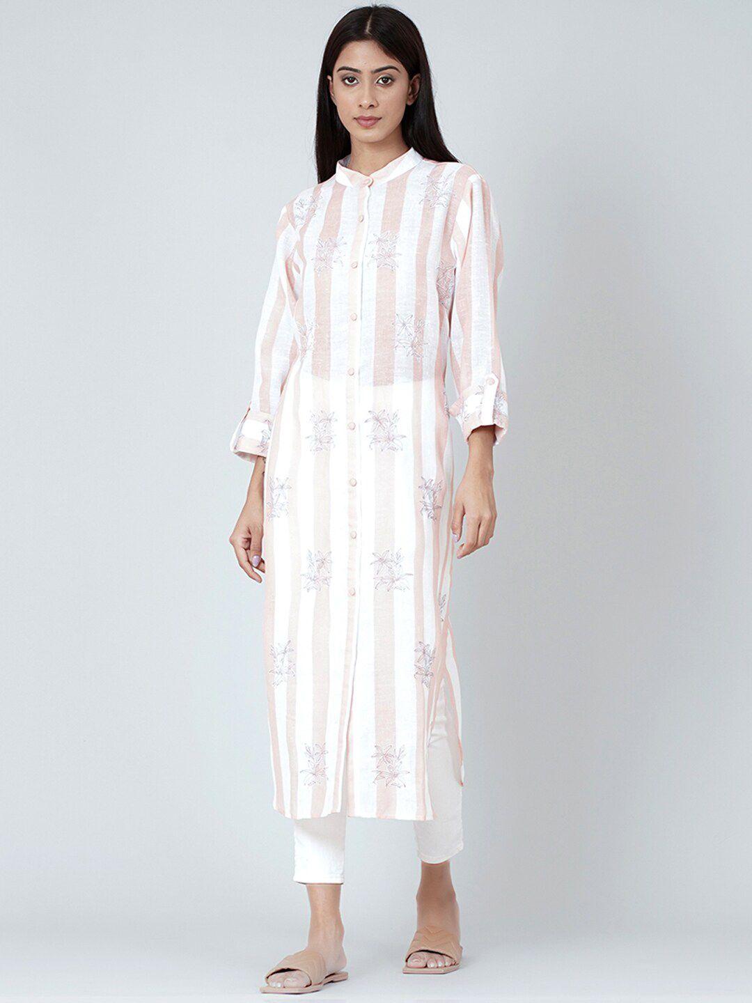 first resort by ramola bachchan striped thread work roll-up sleeves linen kurta