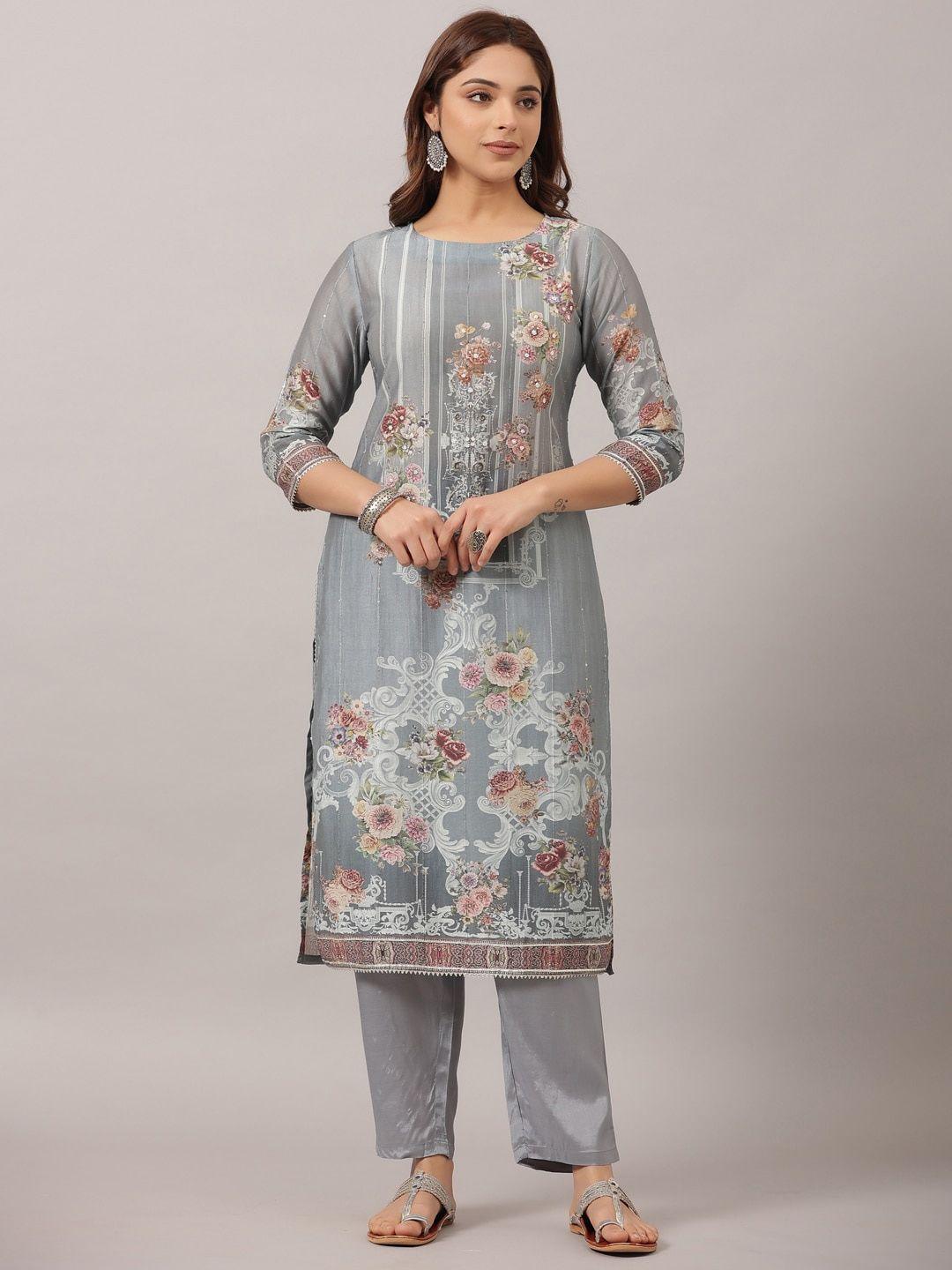 amchoor floral printed thread work pure cotton kurta with trousers & dupatta