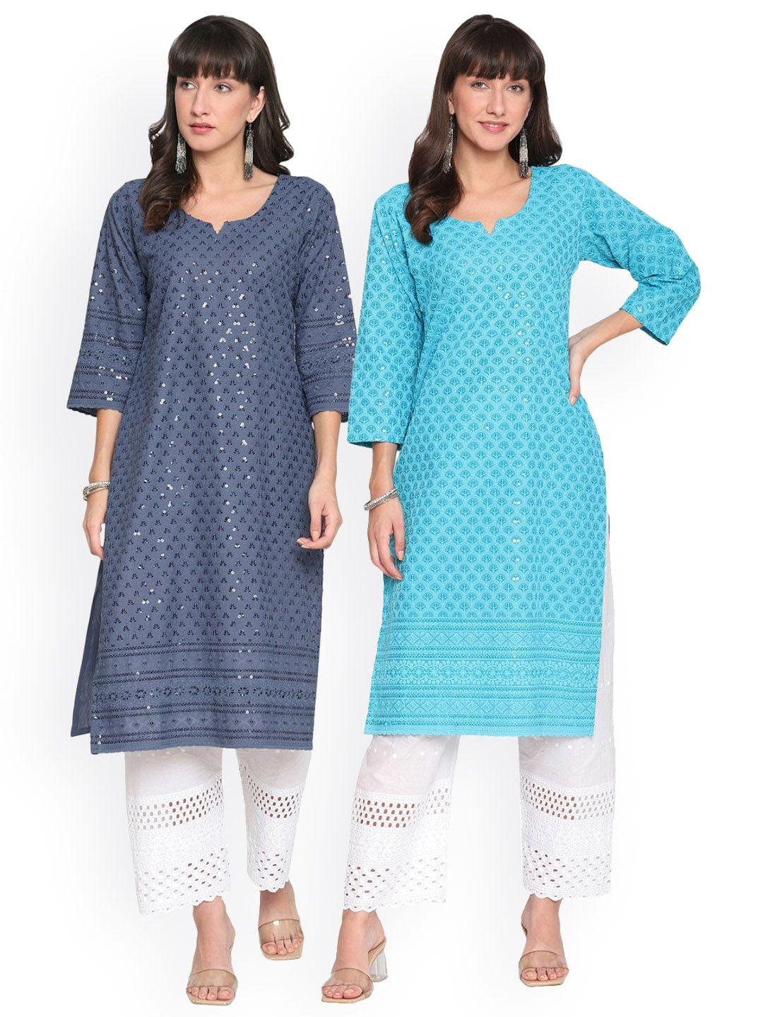 kalini a selection of 2 ethnic motifs chikankari embroidered notched neck cotton kurta