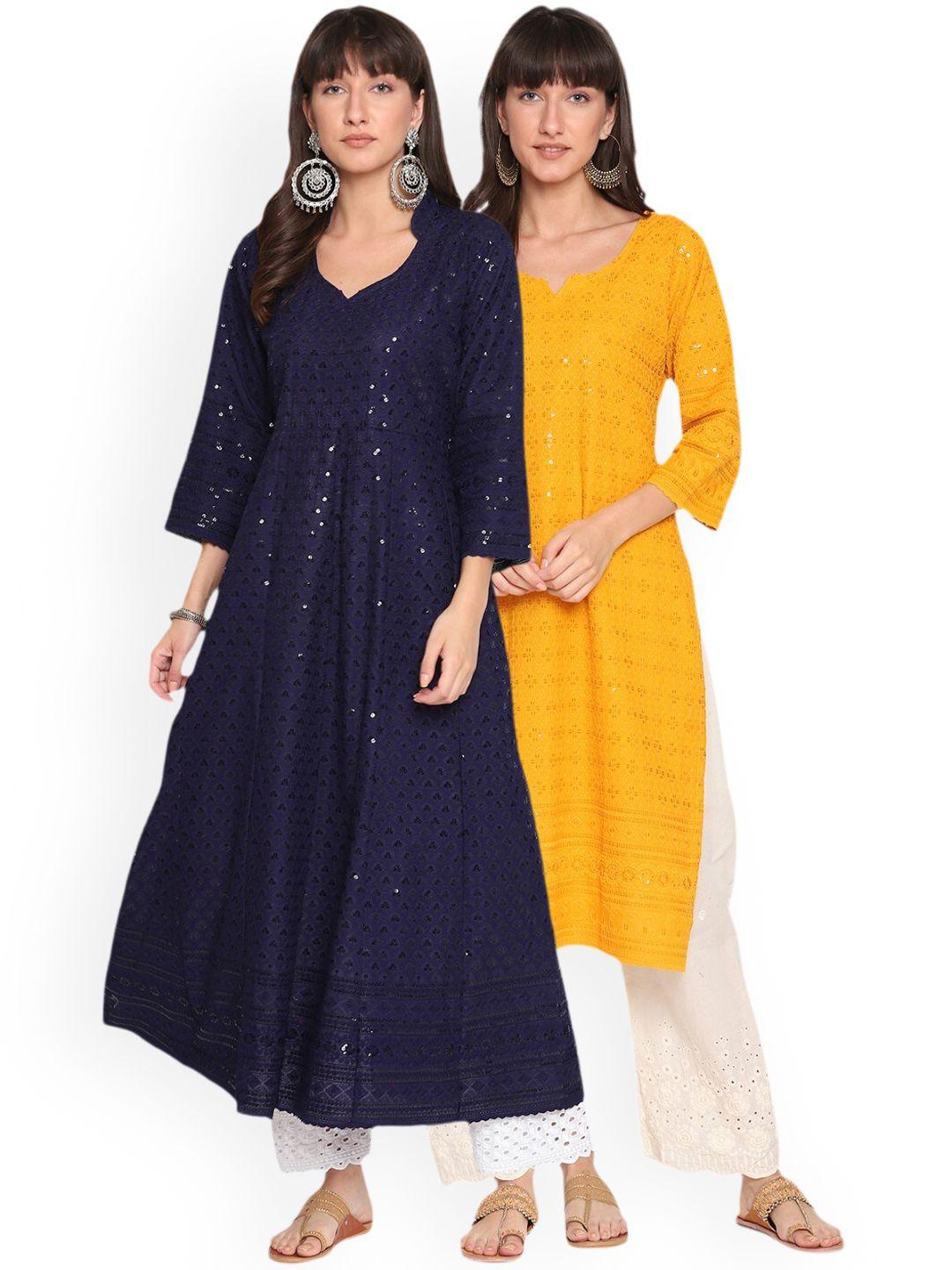 kalini pack of 2 ethnic motifs embroidered chikankari anarkali kurta