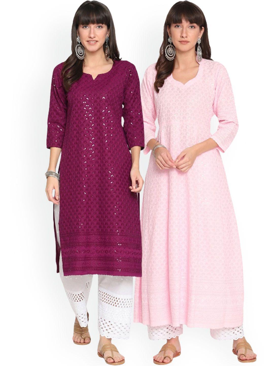 kalini pack of 2 ethnic motifs chikankari embroidered cotton kurta