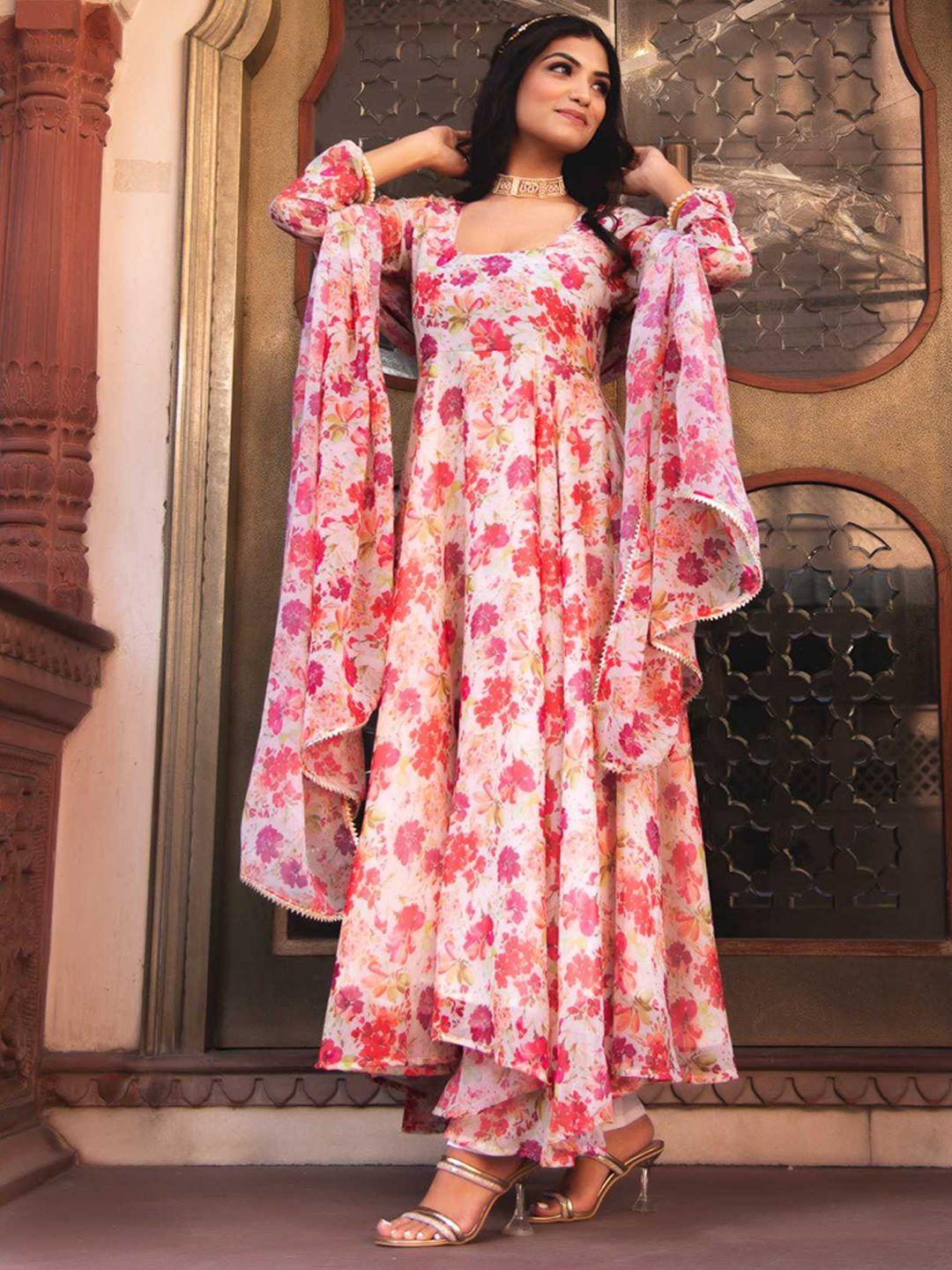 calmna floral printed anarkali kurta with trousers & dupatta