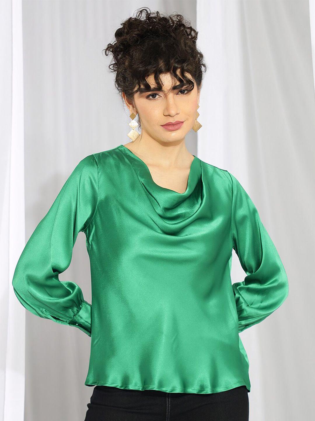 kotty green cowl neck bishop sleeves satin top