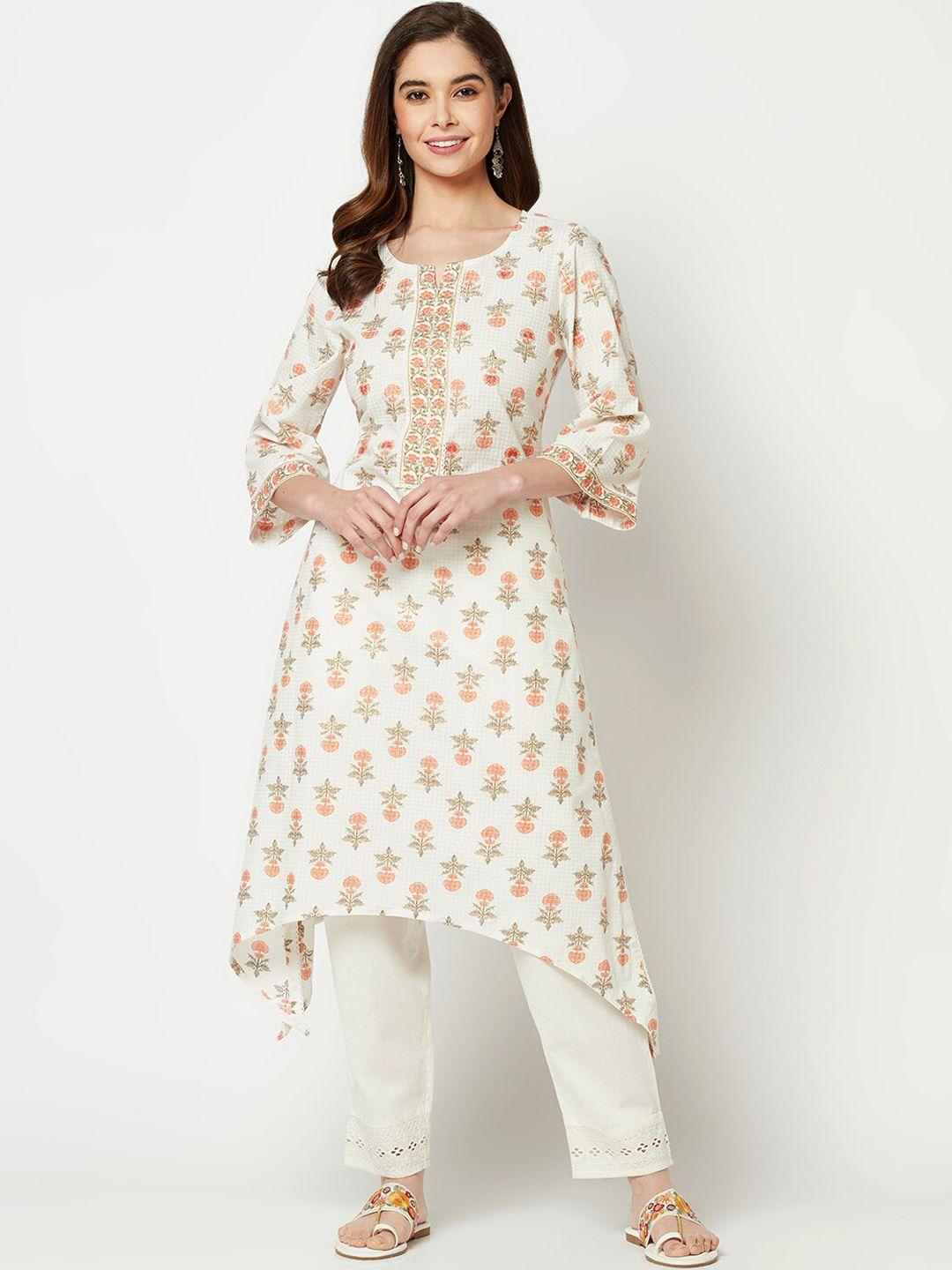 imara floral printed flared sleeves thread work cotton kurta