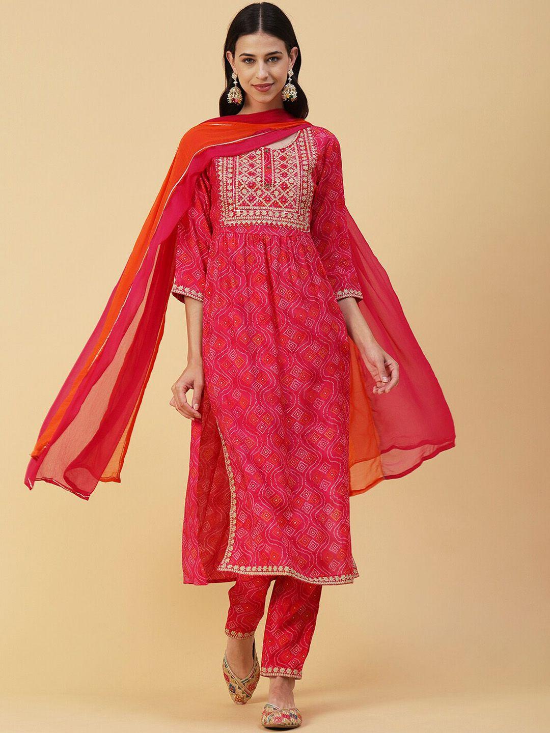 fashor bandhani printed thread work a-line kurta with trousers & dupatta