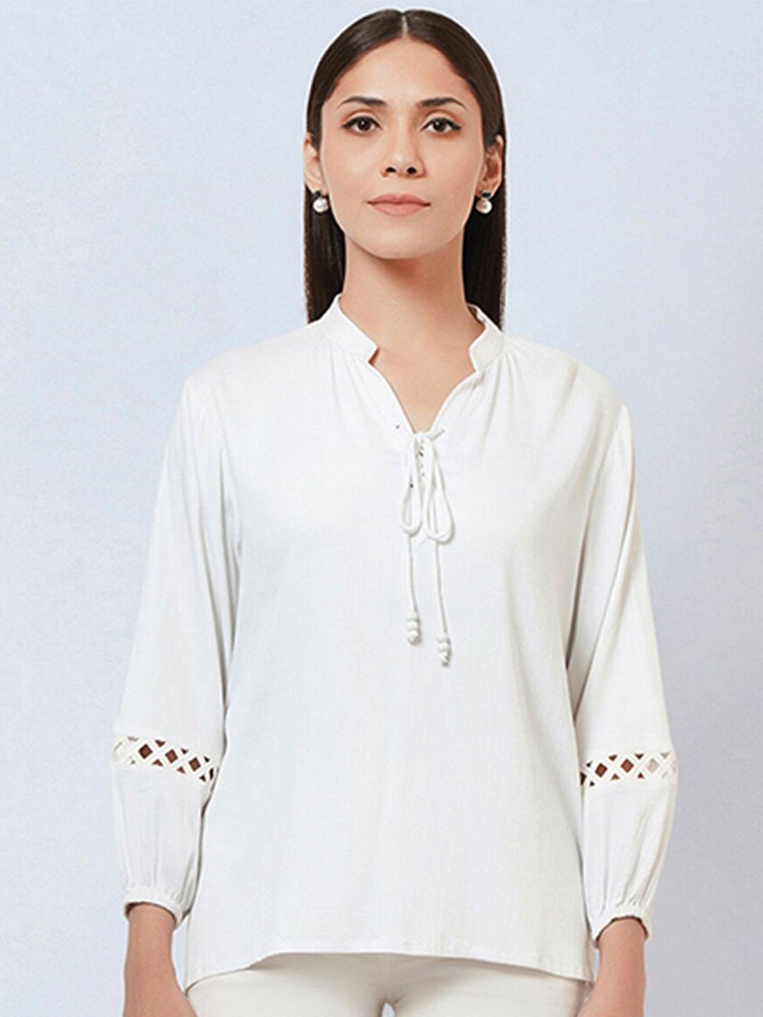 first resort by ramola bachchan tie-up neck puff sleeves top