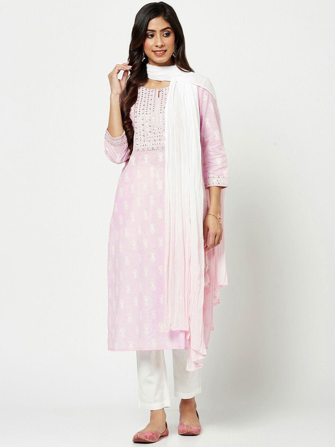 imara floral printed regular mirror work pure cotton kurta with trousers & with dupatta