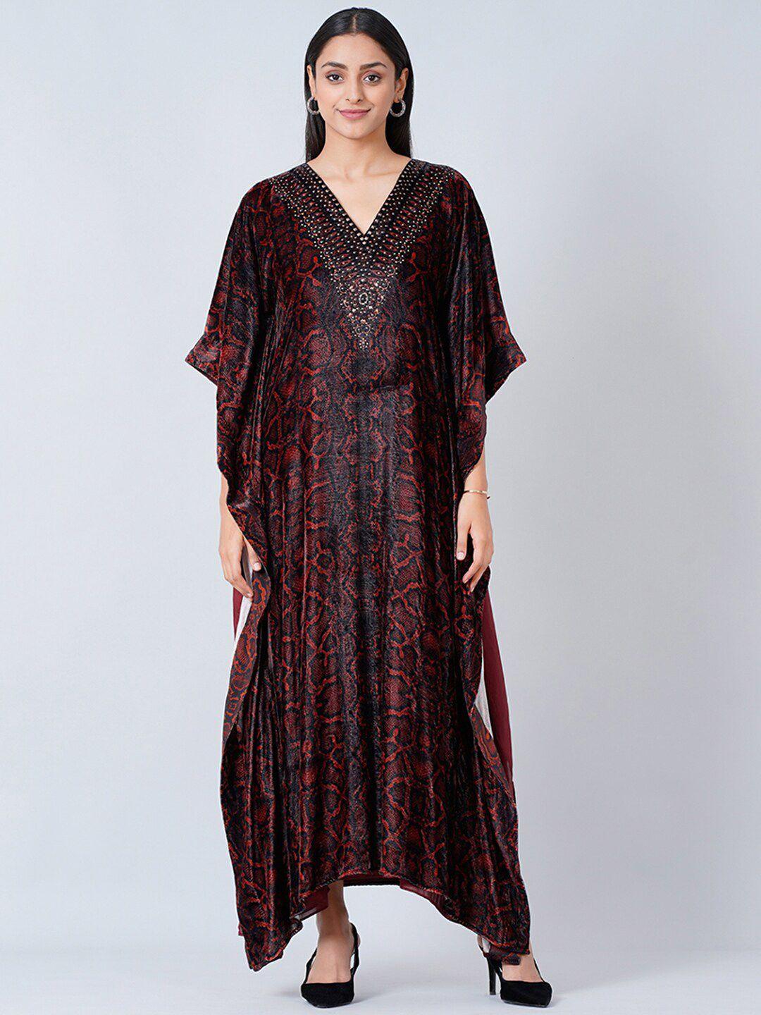 first resort by ramola bachchan v-neck animal printed kimono sleeve kaftan maxi dress