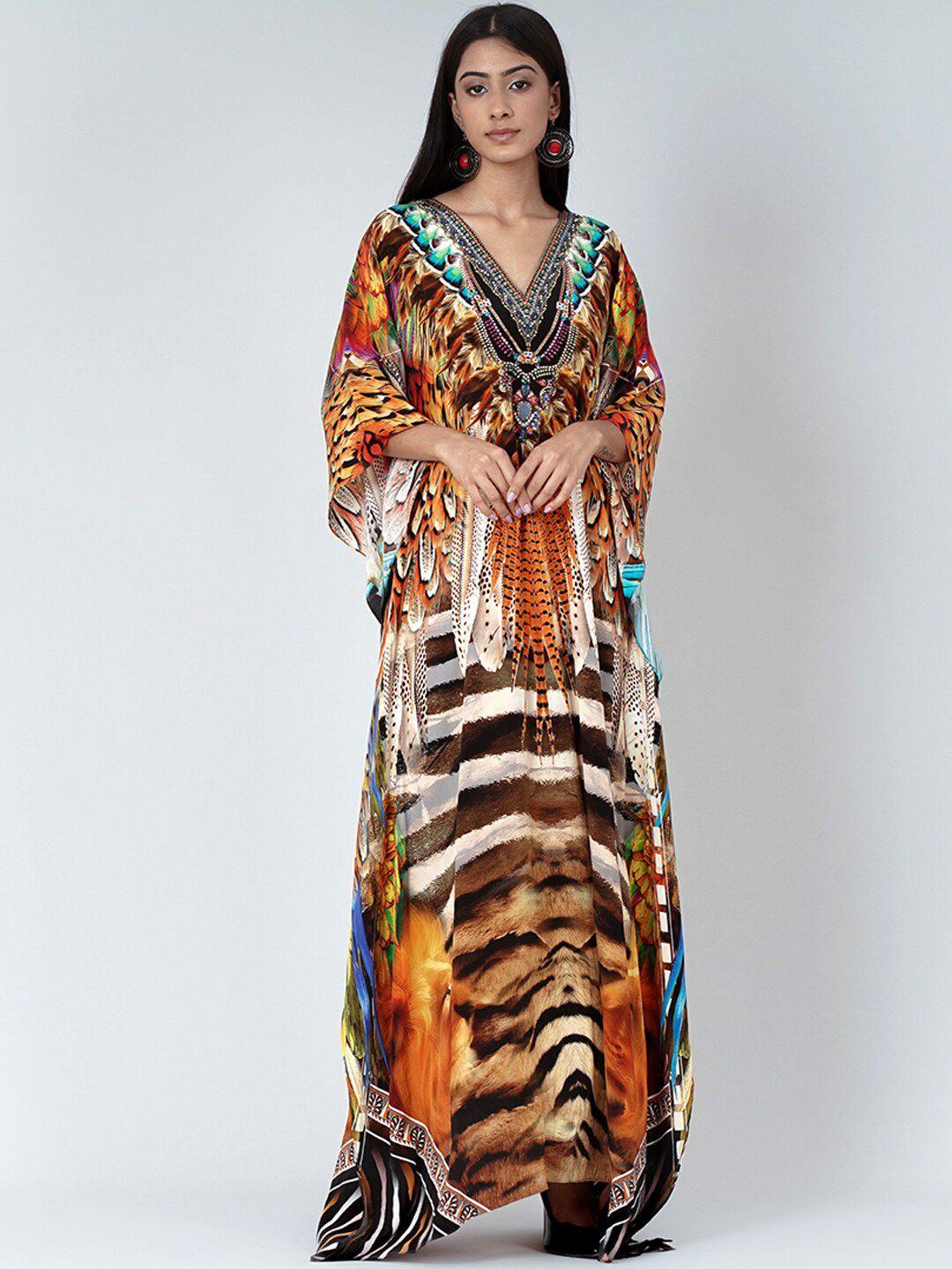 first resort by ramola bachchan brown print kimono sleeve crepe maxi dress