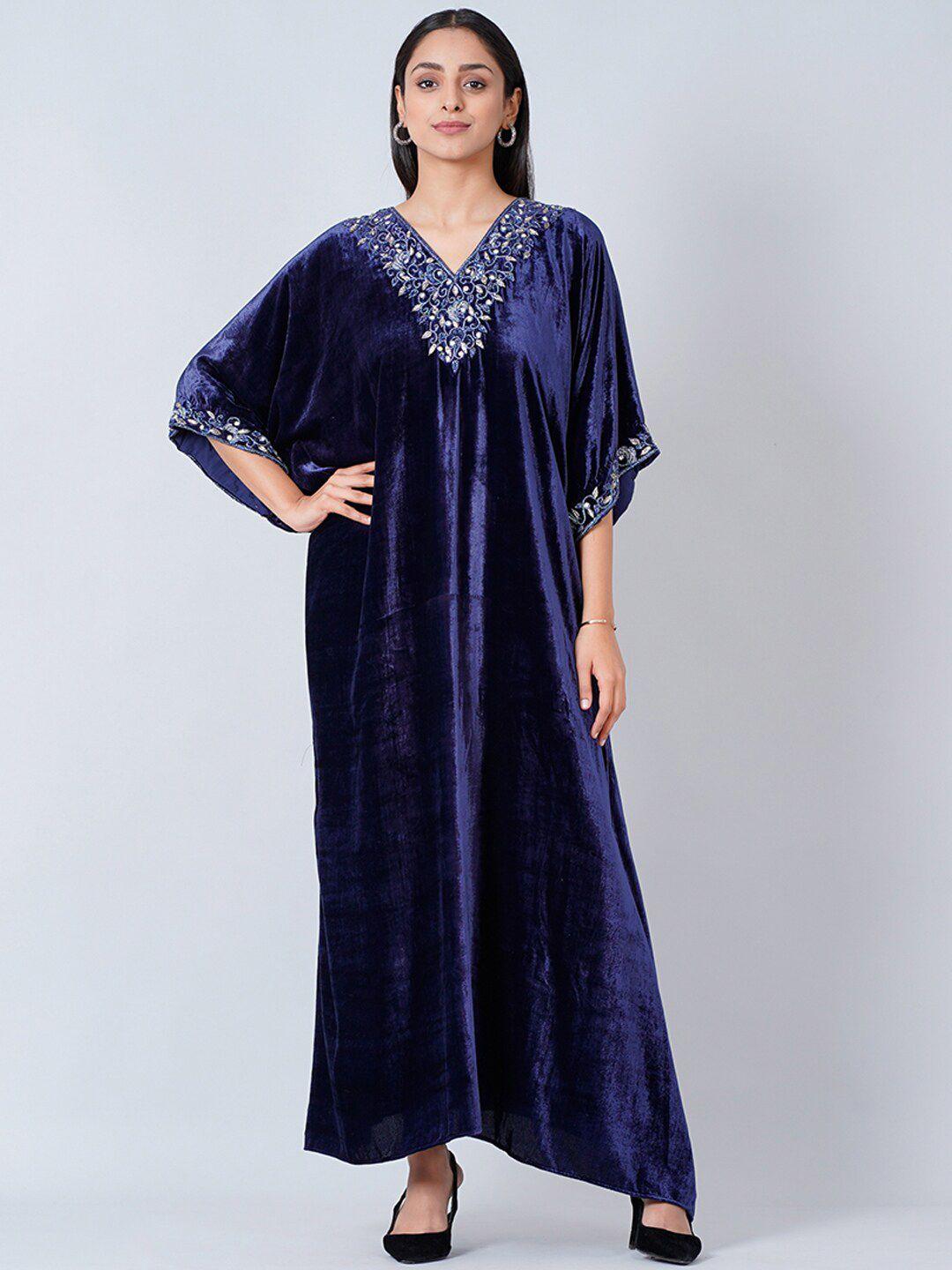 first resort by ramola bachchan embellished kimono sleeve velvet kaftan midi dress