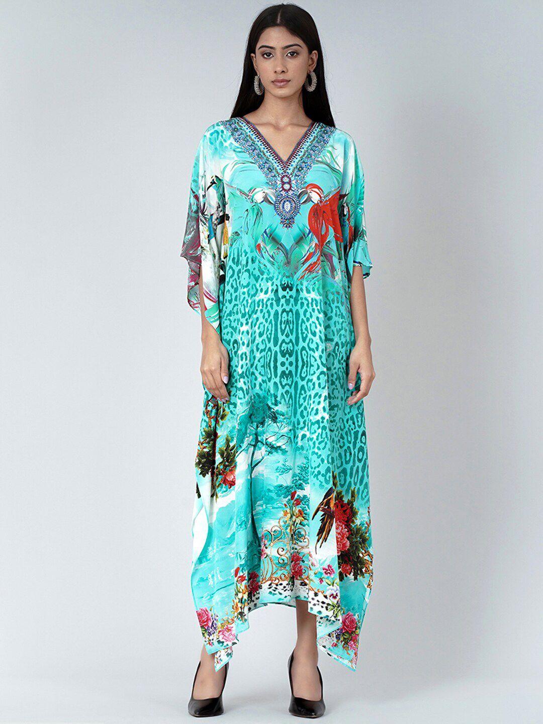 first resort by ramola bachchan turquoise blue print slit sleeve crepe maxi dress