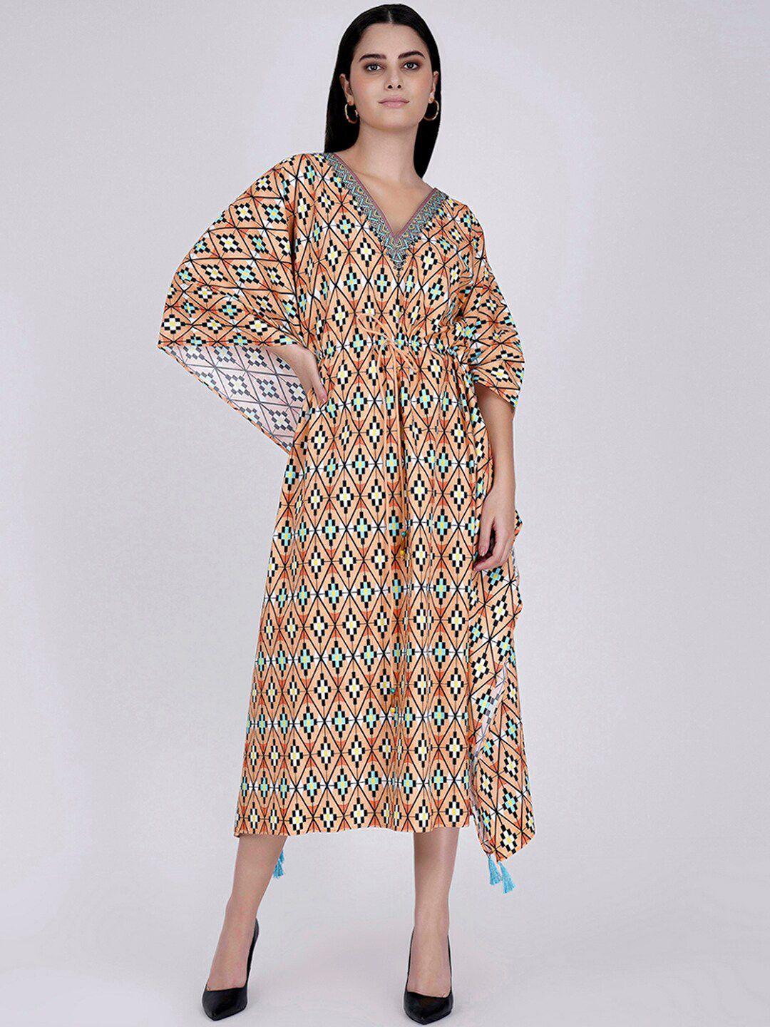 first resort by ramola bachchan geometric printed v-neck cotton kaftan midi dress