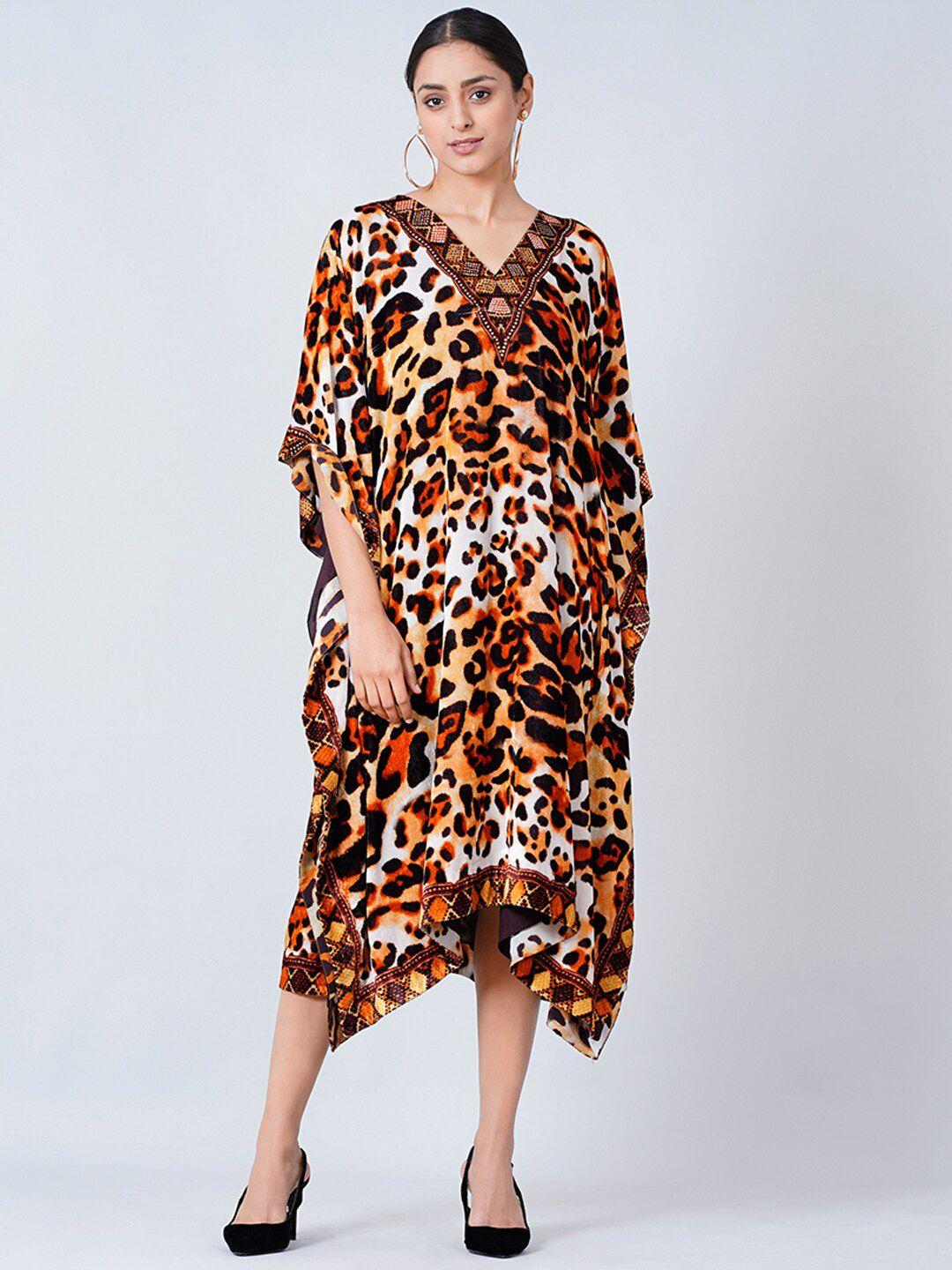 first resort by ramola bachchan animal printed velvet kaftan midi dress