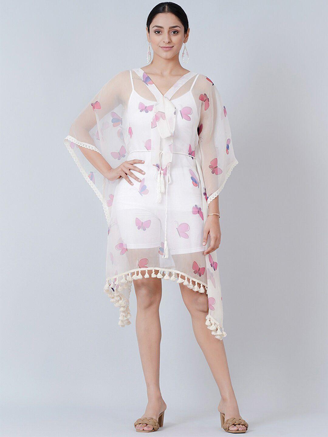 first resort by ramola bachchan butterfly printed kaftan midi dress with belt