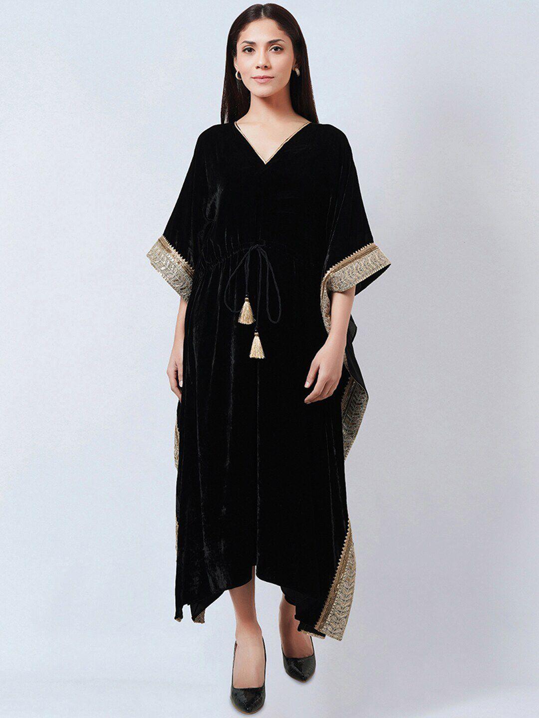 first resort by ramola bachchan  v-neck tie up velvet maxi kaftan dress