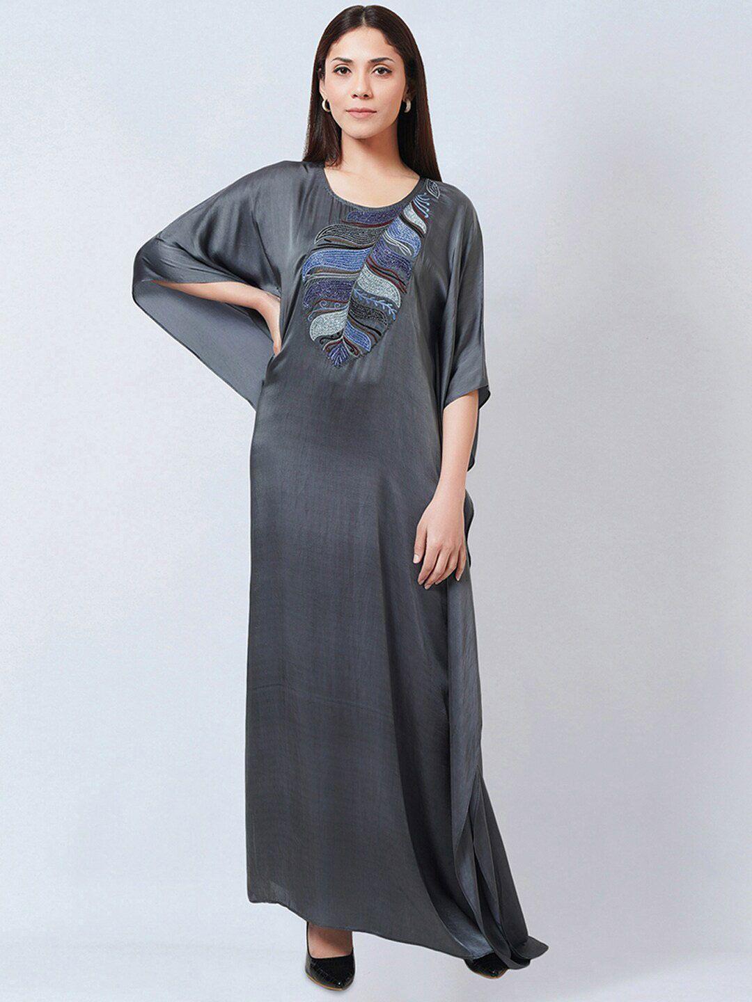 first resort by ramola bachchan embroidered satin maxi kaftan dress