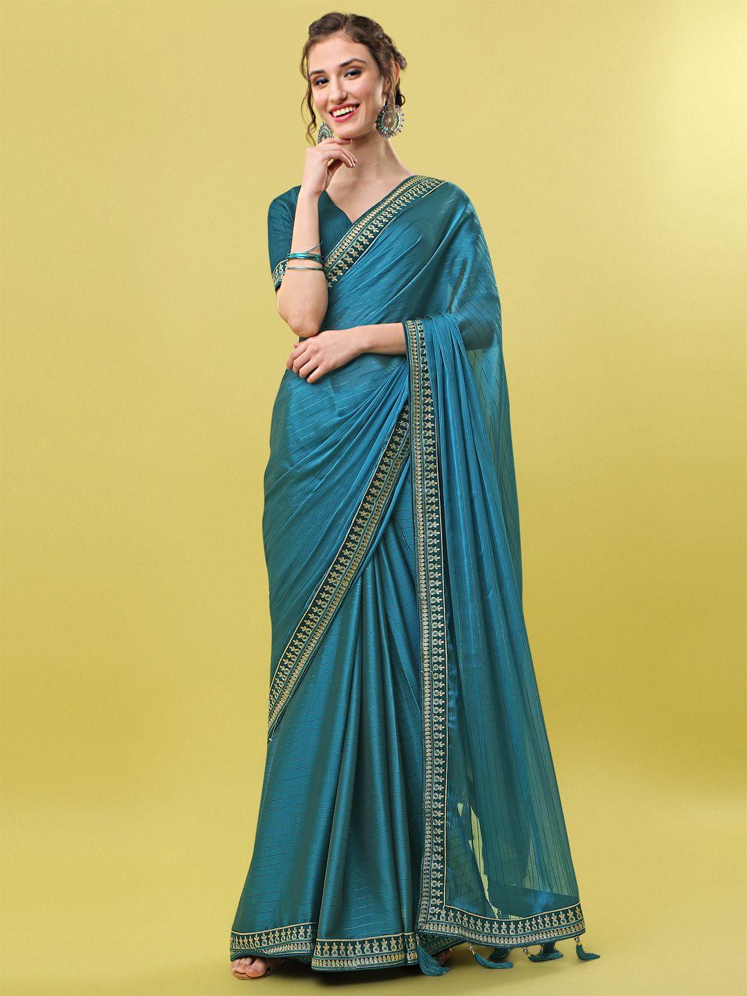 sangria teal blue striped zari saree