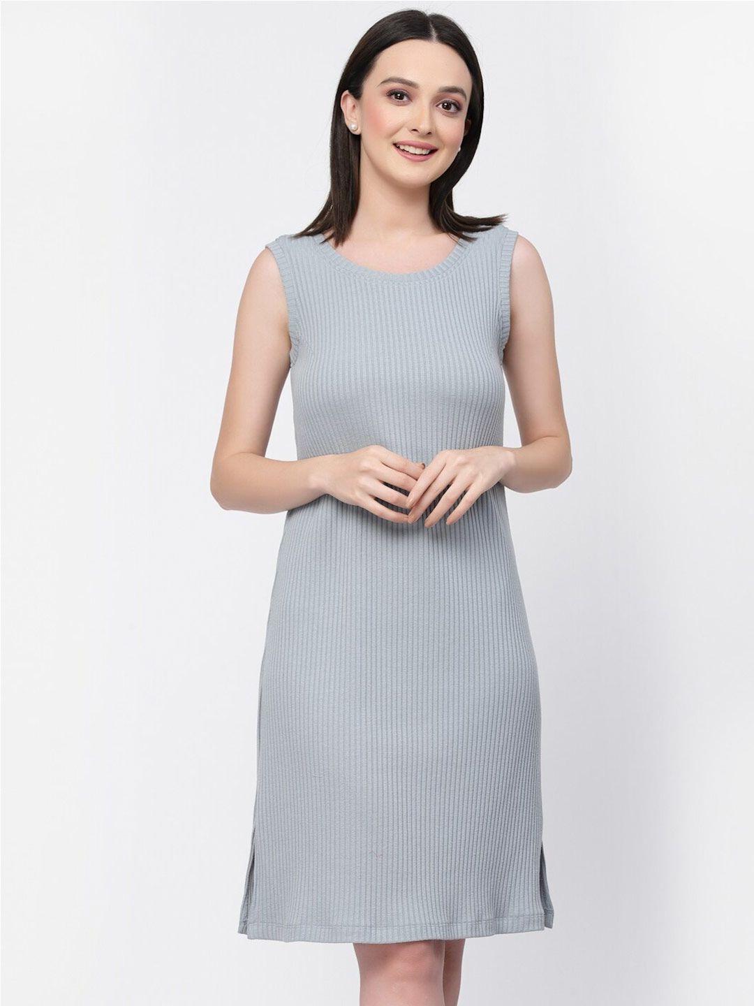 lela round neck striped a-line dress with slits