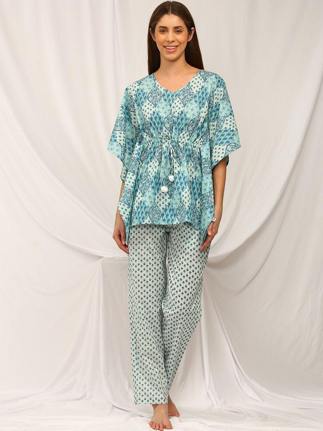 bannos swagger blue printed pure cotton kaftan tunic with straight palazzo