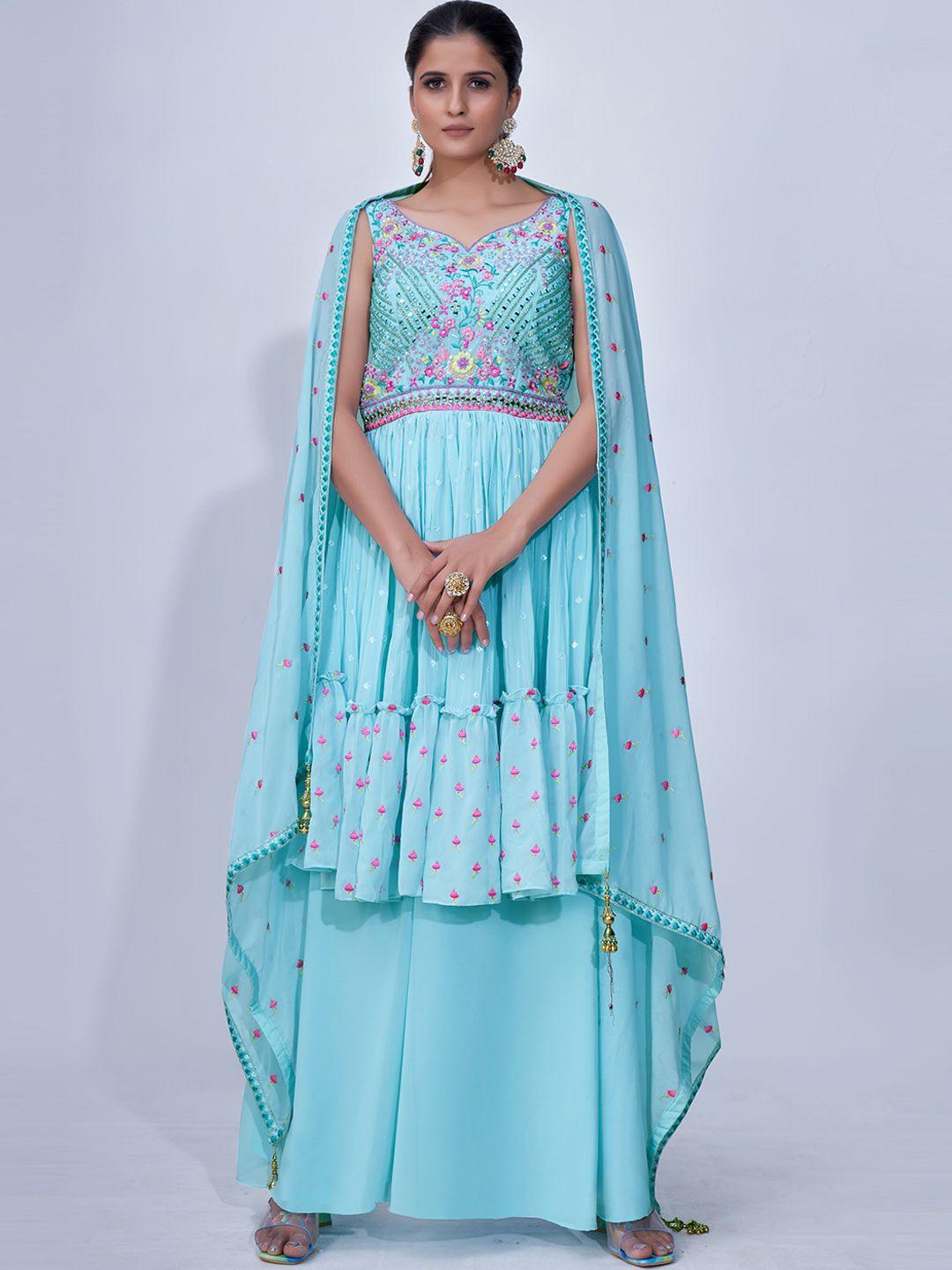 fusionic ethnic motifs embroidered pleated mirror work kurta with palazzos & dupatta