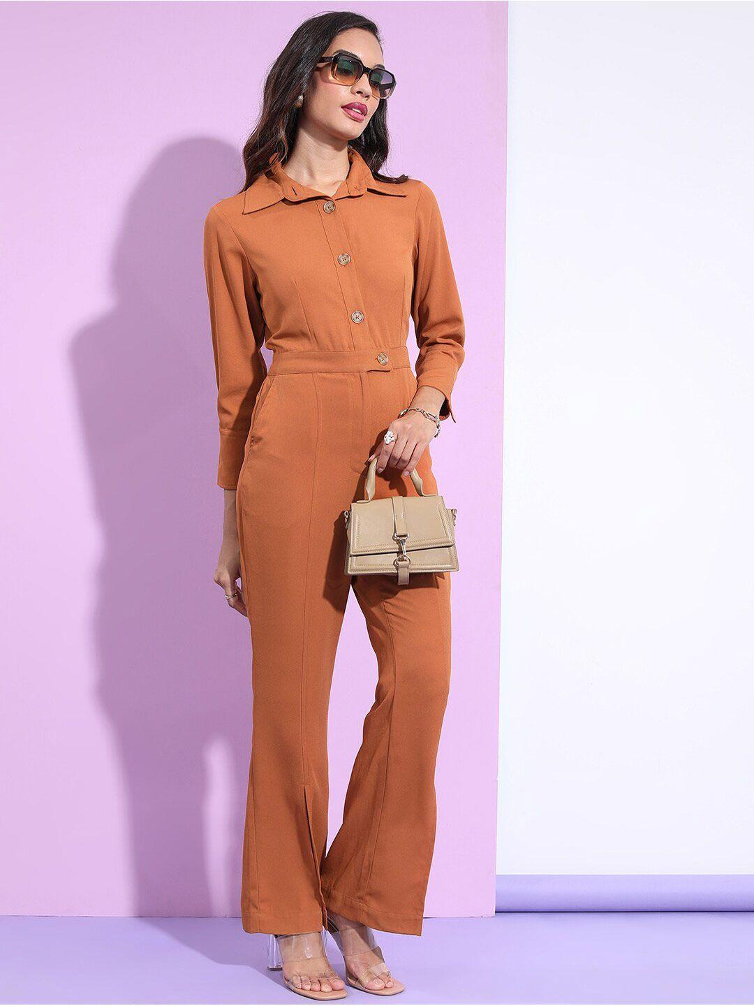 tokyo talkies brown shirt collar basic jumpsuit