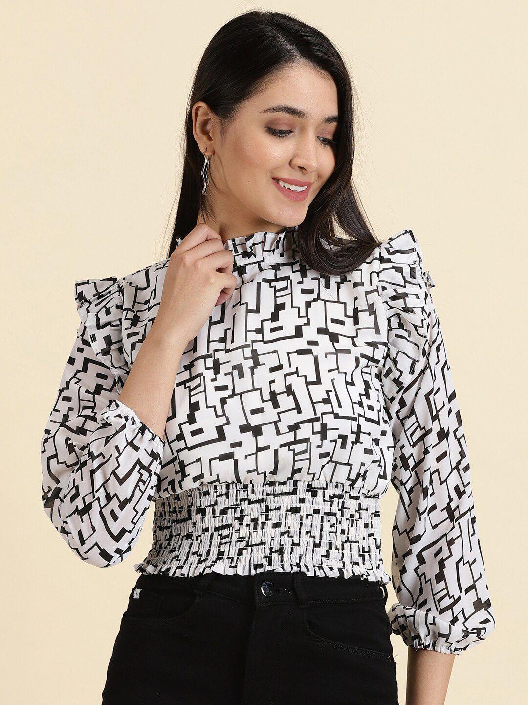 showoff geometric print crepe cinched waist top