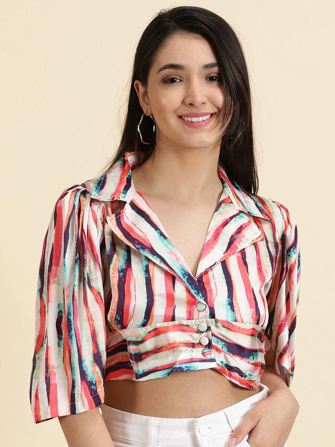 showoff striped puff sleeve satin shirt style crop top