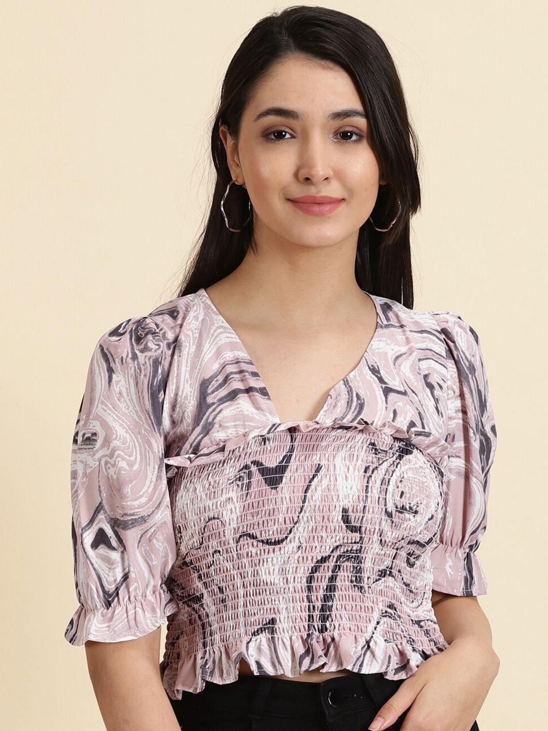 showoff abstract print puff sleeve smocked crepe crop top