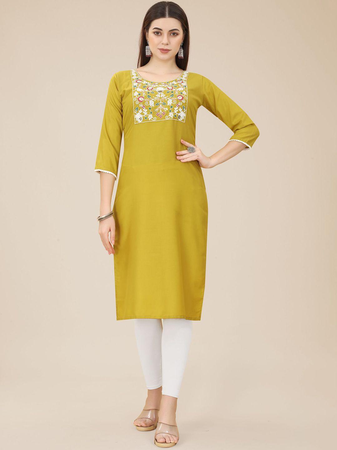 here&now mustard yellow & white floral yoke design thread work silk kurta