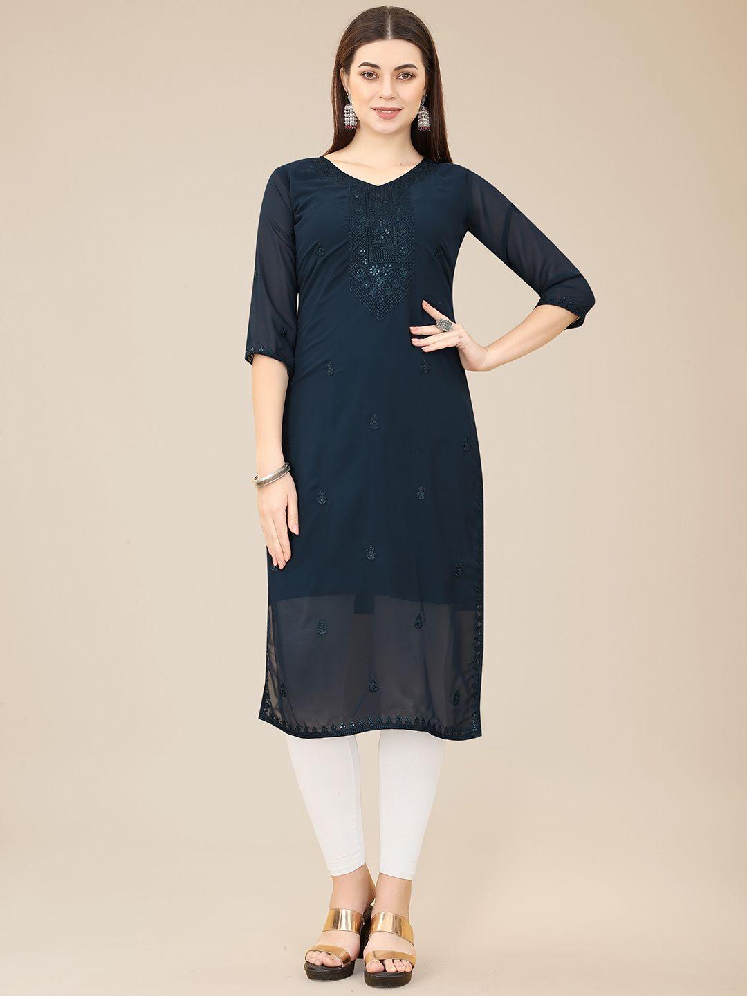 here&now teal blue embroidered thread work georgette kurta