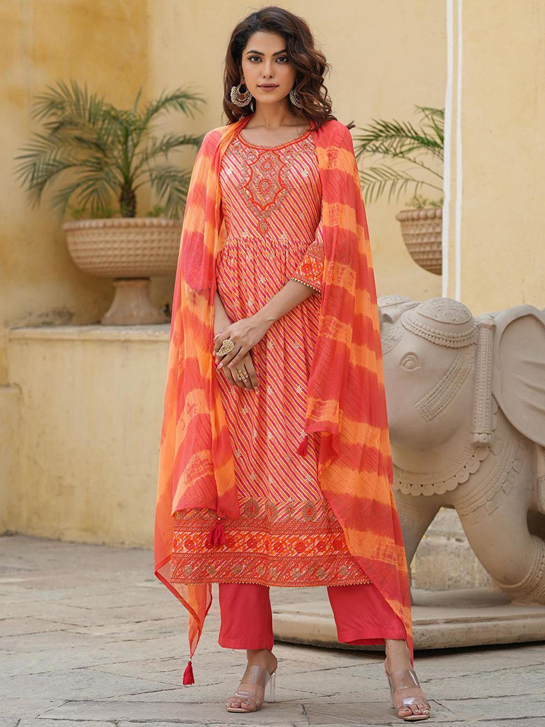 scakhi leheriya printed thread work anarkali kurta with trousers & dupatta