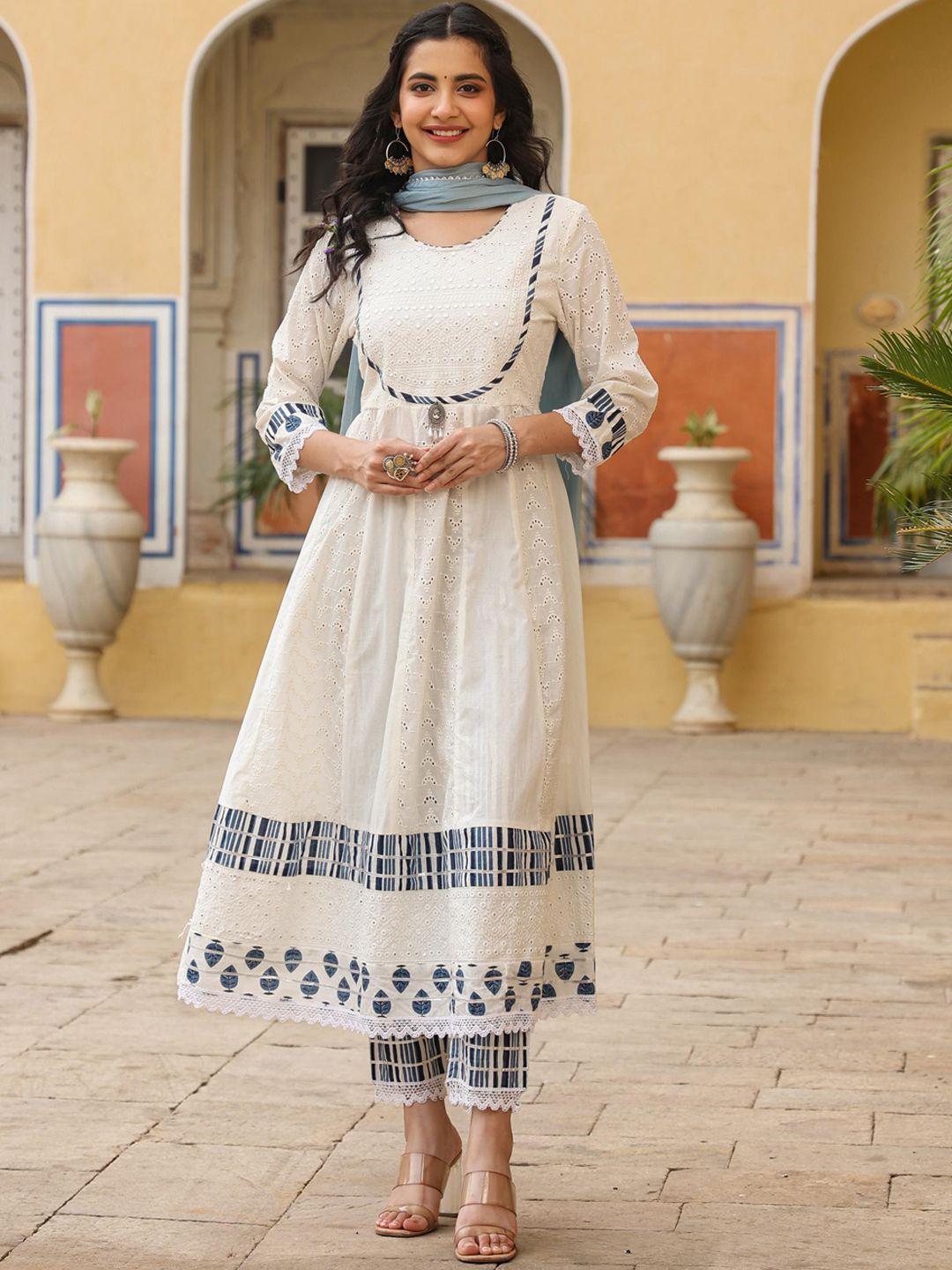 scakhi schiffli yoke design mirror work pure cotton kurta with trousers & dupatta