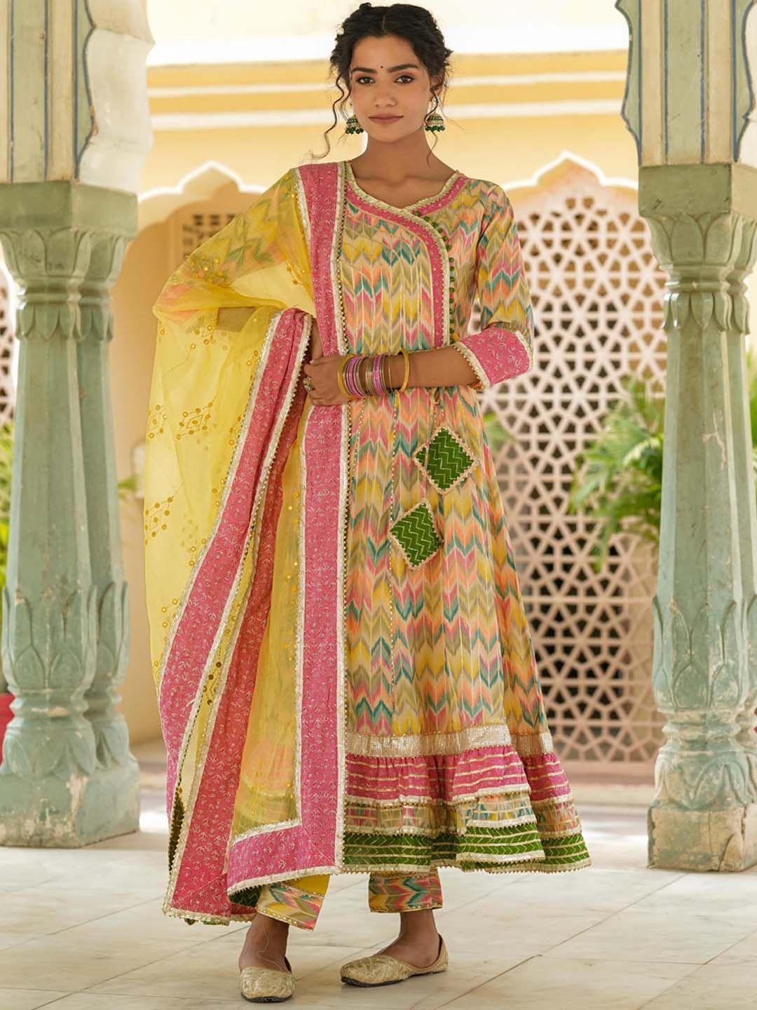 scakhi chevron printed angrakha gotta patti kurta with trousers & dupatta