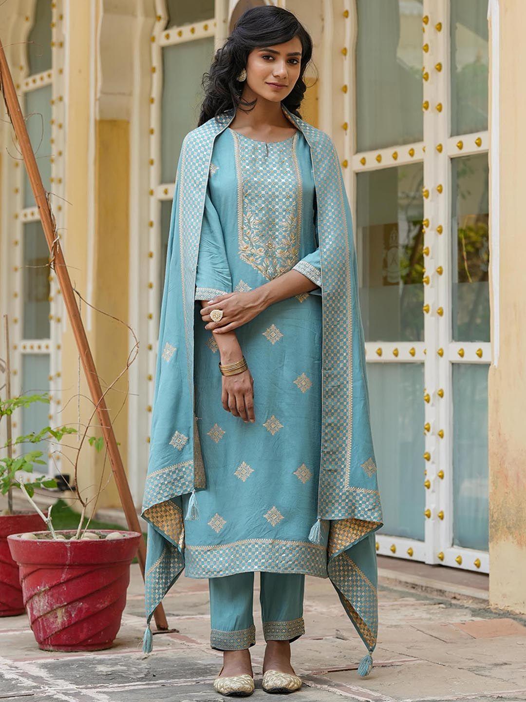 scakhi ethnic motifs woven design kurta with trousers & dupatta