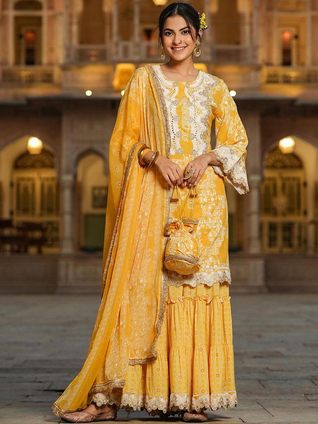 scakhi women yellow floral printed regular kurta with sharara & with dupatta