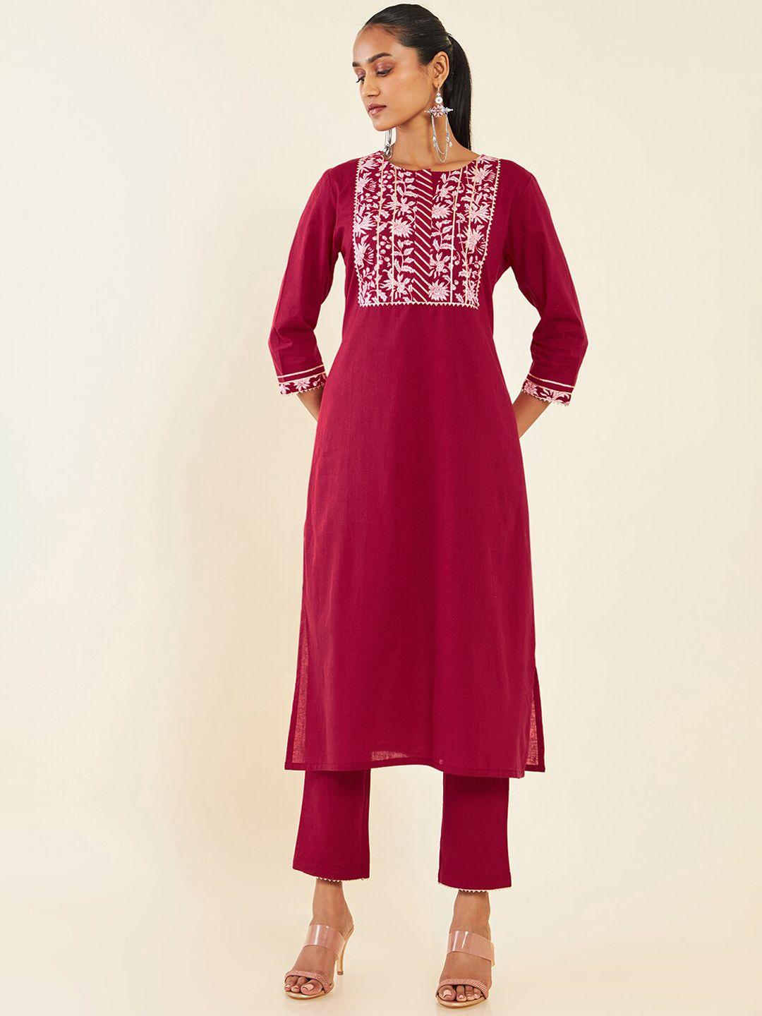 soch maroon floral yoke design gotta patti pure cotton straight kurta with trousers