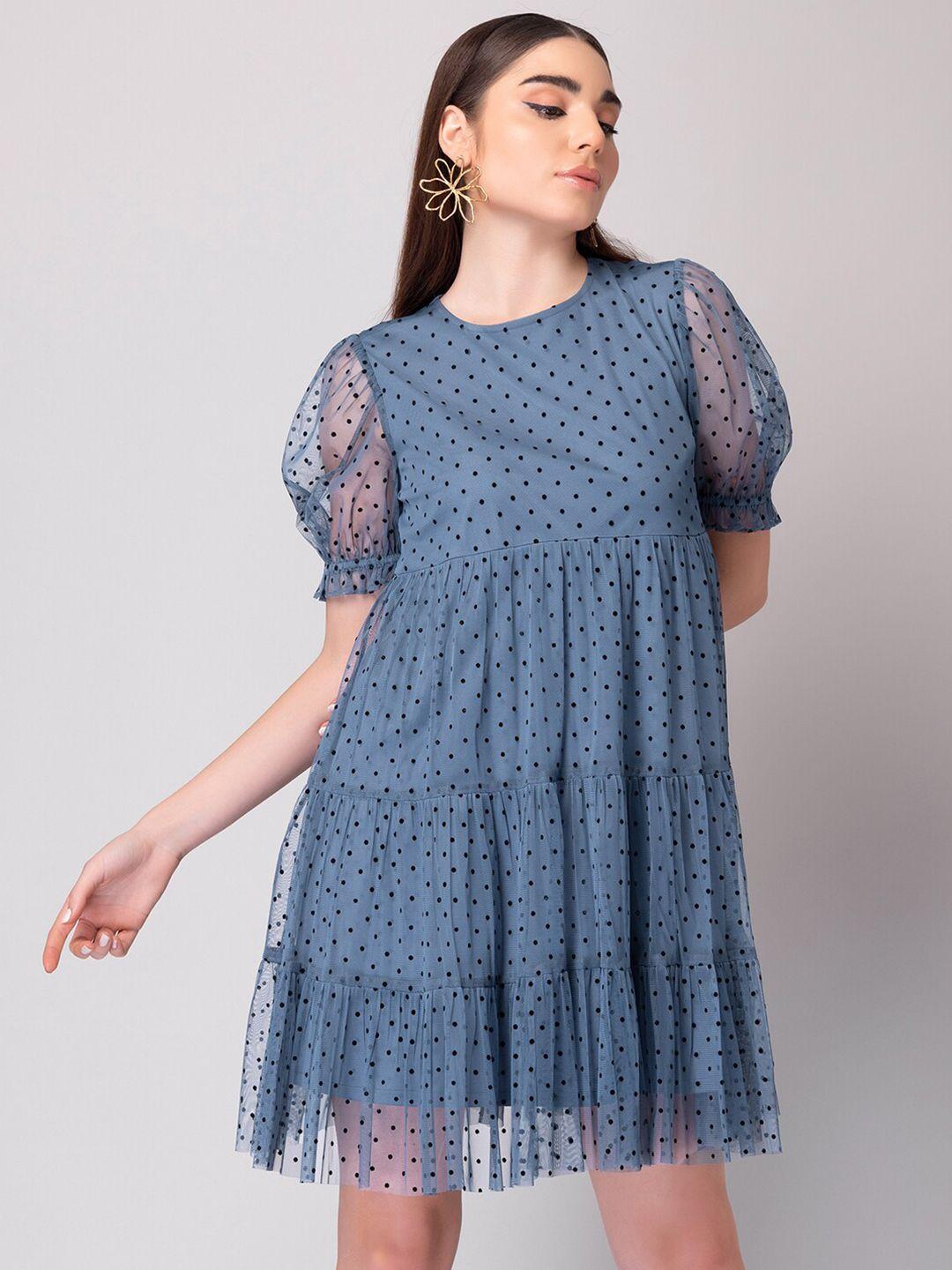 faballey polka dots printed puff sleeve a-line dress